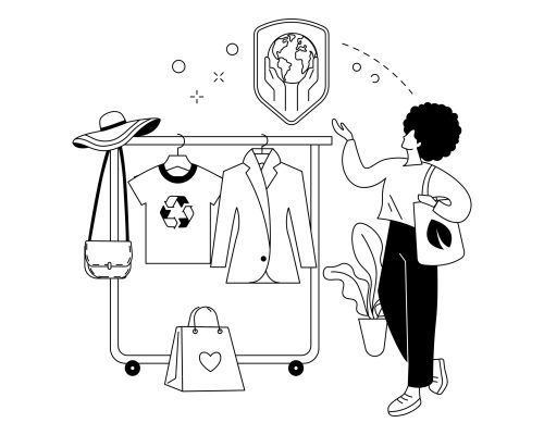 Sustainable fashion abstract concept vector illustration. Sustainable manufacturing brand, green technologies in fashion, ethical clothing production, organic clothes, zero waste abstract metaphor.